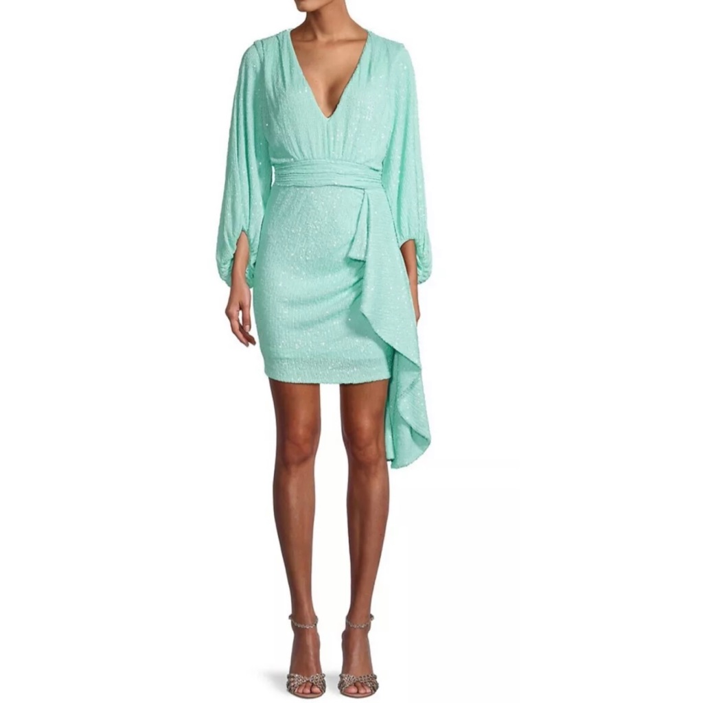 One33 Social Cascade Ruffle Sequin Mini Dress 2 Small Aqua